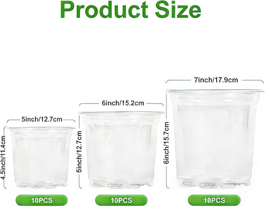 JOPY Plant Nursery Pots with Humidity Dome Seed Starter Pots Seedlings Planting Pots Small Planter Containers with Drainage Holes (Transparent, 5/6/7 inch-30Pcs)