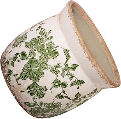 Vintage Farmhouse Ceramic Planter & Kitchen Utensil Holder - 6.21 Inch Tuscan Rustic Plant Pot with Drainage for Indoor/Outdoor Use, Garden & Home Decor, Unique Gift (Green Leaf)