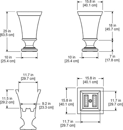 Mayne Vienna 25in Tall Urn Planter - Black - 16in L x 16in W x 25in H - with 3 Gallon Built-in Water Reservoir (5892-B)