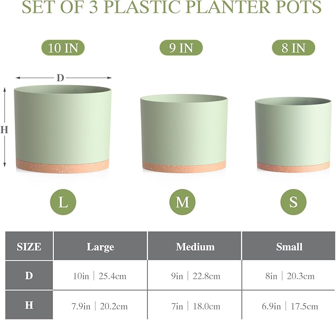 (3 Pack) 10 Inch Plant Pot with Drainage and Saucers, 10/9/8 Inch Plastic Plant Pots for Indoor Plants, Modern Round Planter Set for Flowers, Herbs, Garden Decor (Green-Brown)