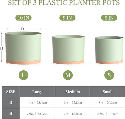 (3 Pack) 10 Inch Plant Pot with Drainage and Saucers, 10/9/8 Inch Plastic Plant Pots for Indoor Plants, Modern Round Planter Set for Flowers, Herbs, Garden Decor (Green-Brown)