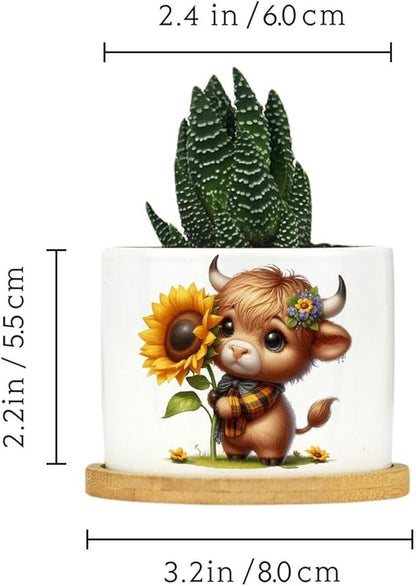 DreamAutumn Easter Highland Cow Planter Ceramic Round Plant Pots with Drainage Holes and Bamboo Tray Planting Small Flower Pots for Home Windowsill Desk Garden Indoor Outdoor Use