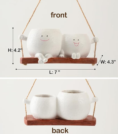Cute Swing Planter Hanging,Smiley Face Couple Planter Pot,Hanging Plant Face Pot for Indoor Outdoor Plants, (White)