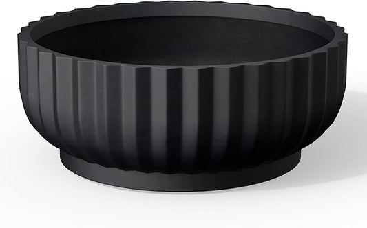 Kante Round Fulted Bowl Planter, 14.6 Inch Dia Large Concrete Flower Pots with Drainage Hole and Rubber Plug, Suitable for for Indoor Outdoor Plants, Home, Patio, Garden, Black
