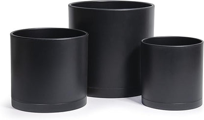 D'vine Dev 6.5 Inch 8 Inch 10 Inch, Set of 3 Plastic Planter Pots for Plants with Drainage Hole and Seamless Saucers, Black Color, Large, 74-V-B-4