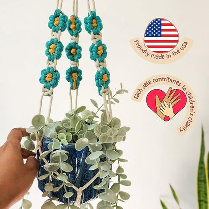 Macrame plant hanger with Daisies | Hanging plant holder | Macrame Plant hangers outdoor and indoor hanging planters Plant stand indoor Boho Decor hanging planter stand / plant shelf (Ocean Teal)