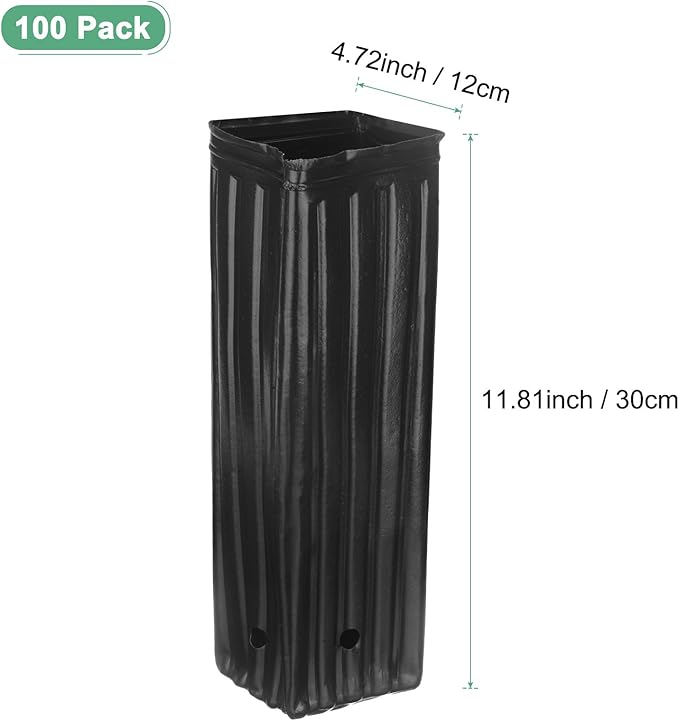 100-Pack Plant Nursery Pots, 4.72x4.72x12.6 Inch Plastic Deep Growing Nursery Pots Succulent Planter Flower Tree pots with Drainage Holes for Indoor Outdoor Gardening [Black]