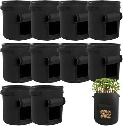 Potato Grow Bags, Thickened 300G Nonwoven Fabric Grow Bags with Handles, Grow Bag for Tomato, Vegetables, and Potatoes, Heavy Duty Planting Pots, Reusable Plant Grow Bags (10pcs Balck, 7 Gallon)