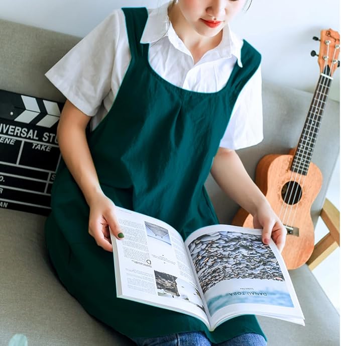 NEWGEM Japanese Linen Cross Back Cooking Aprons for Women Men with Pockets Cute for Baking Kitchen