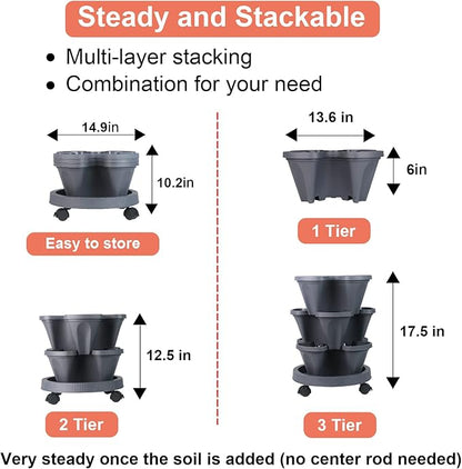GameXcel Vertical Planter 3 Tier Stackable Planters Garden Planters Strawberry Herb Flower and Vegetable Planter Indoor Outdoor Gardening Pots with Removable Wheels and Tools