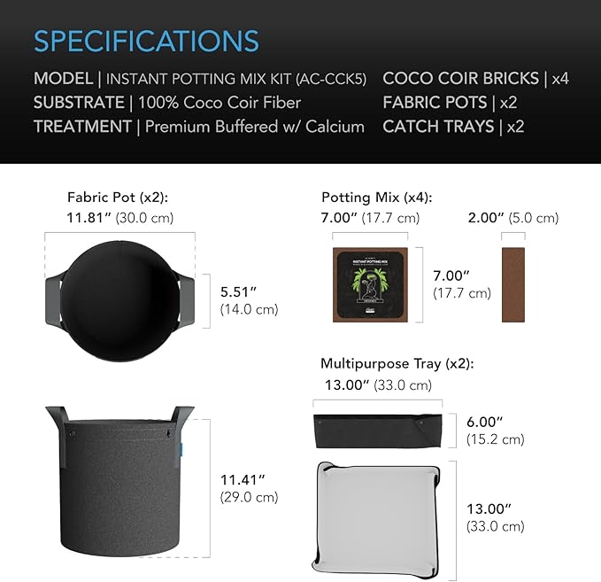 AC Infinity Instant Potting Mix Kit, 2-Plant Starter Set with Premium Buffered Coco Coir Bricks, 5-Gallon Fabric Pots, and Waterproof Multipurpose Trays, Grow Accessory Kit for Seed Germination