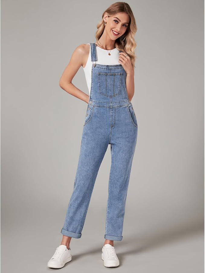 Vetinee Womens Classic Adjustable Straps Pockets Denim Bib Overalls Jeans Pants