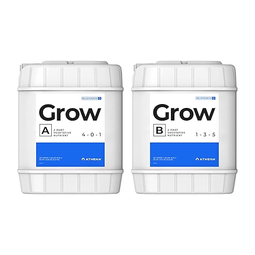Athena Blended Grow A&B | 2-Part Vegetative Liquid Fertilizer for Hydroponics & Soil | Plant Food for Veg Stage Growth | NPK A 4-0-1 | B 1-3-5 | 5 Gallon