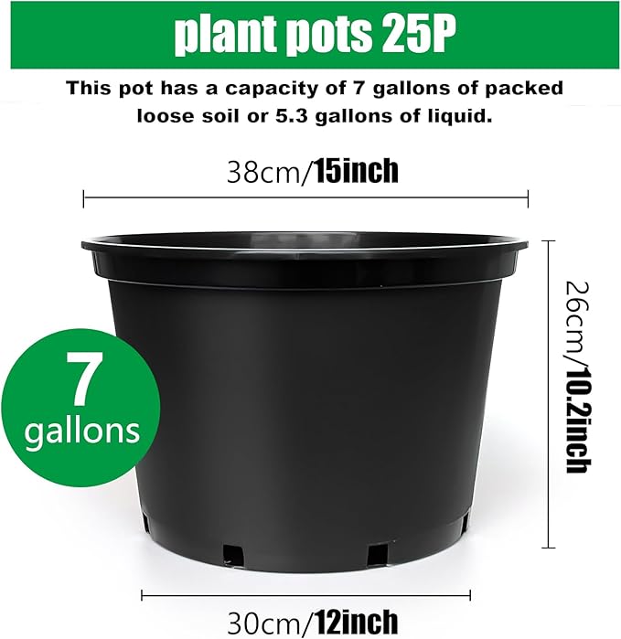 7 Gallon Plastic Nursery Pots 25-Pack, 15 Inch Large Plastic Pots for Plants, Round Plant Pots with Drainage Holes, Flower Pots for Outdoor Indoor Plants