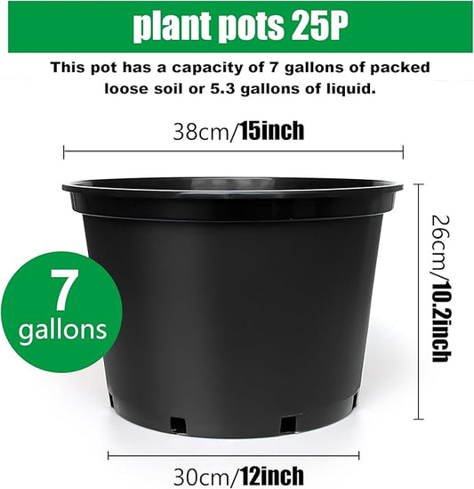 7 Gallon Plastic Nursery Pots 25-Pack, 15 Inch Large Plastic Pots for Plants, Round Plant Pots with Drainage Holes, Flower Pots for Outdoor Indoor Plants