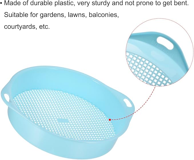 MECCANIXITY Garden Sifting Pan, Round Potting Sieve Plastic Mesh Filter Soil Screen Gardening Tool for Garden Yard, Blue
