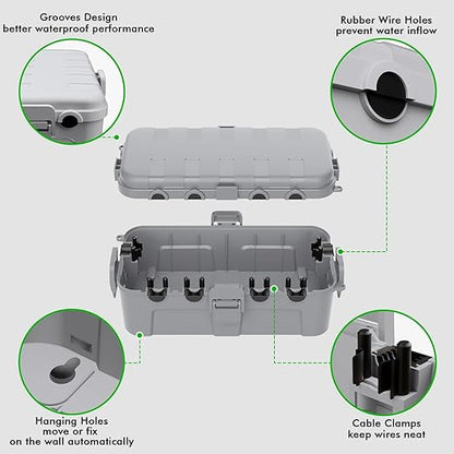 RESTMO Outdoor Electrical Box, IP54 Weatherproof Extension Cord Cover with 6 Cable Entry Ports, Waterproof Connection Box Protect Power Strip, Timer, Plug (11.5x5.2x4 inch), Light Gray