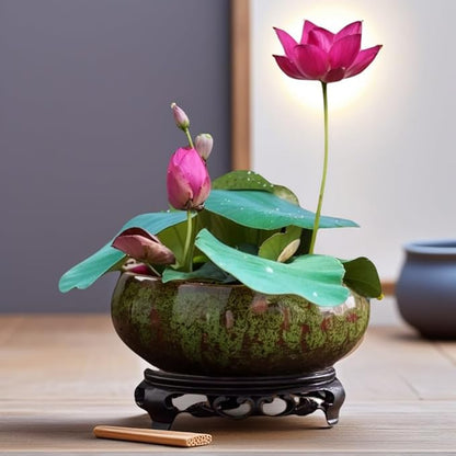Lotus Bowl Planter, Lotus Bowls for Planting in Water Indoors, Bonsai Bowl Lotus Flower Seeds, Ceramic Planters for Indoor Plants (Green)