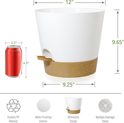Self Watering Pots for Indoor Plants,12 inch Planters with Drainage Holes Plastic Flower Pots with Deep Reservoir, White with Brown