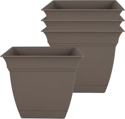 The HC Companies 6 Inch Eclipse Square Planter Pots with Drainage Holes & Attached Saucer, Lightweight UV-Resistant Plastic Indoor Outdoor Planters, 4-Pack Flower Pots, Garden Home Decor, Cappuccino