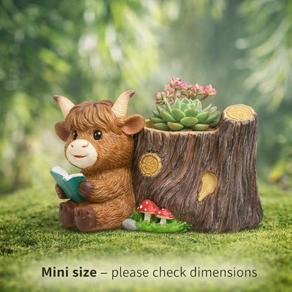 Highland Cow Succulent Planter with Drainage Hole & Plug, Mini Resin Cow Flower Pot for Indoor Outdoor Plants, Cute Animal Planter for Home & Garden Decor (A)