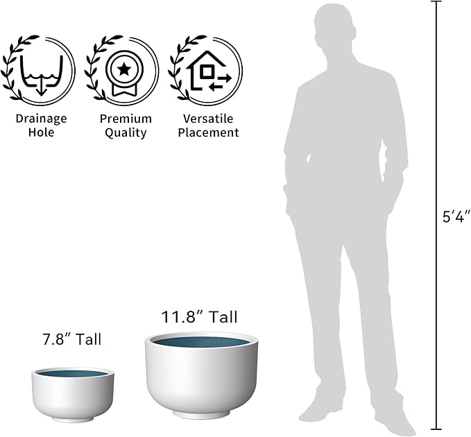 Kante 17.7 Inch Dia Concrete Bowl Planter, Large Tapered Bottom Plant Pot with Drainage, Smooth White Finish with Painted Interior, Ideal for Porch, Home, Garden, Patio