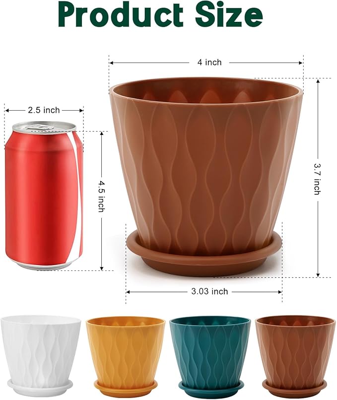 4 Inch Plastic Planter Pots with Drainage Holes & Saucers, Indoor/Outdoor Flower Pots for Plants, Succulents, Herbs, 5 Pack Set