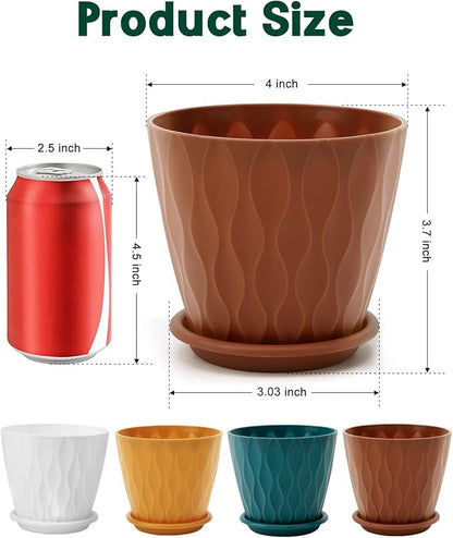 4 Inch Plastic Planter Pots with Drainage Holes & Saucers, Indoor/Outdoor Flower Pots for Plants, Succulents, Herbs, 5 Pack Set