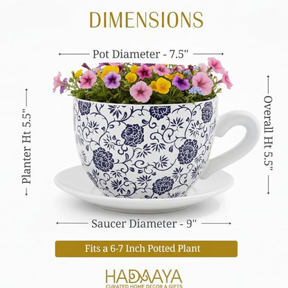 7.5" Ceramic Teacup Planter Pot with Saucer | Ideal for Succulents, Orchids, Herbs & Flowers | Indoor Use| Gift for Valentine's Day, Gift Basket, Sympathy & More – White Blue Floral