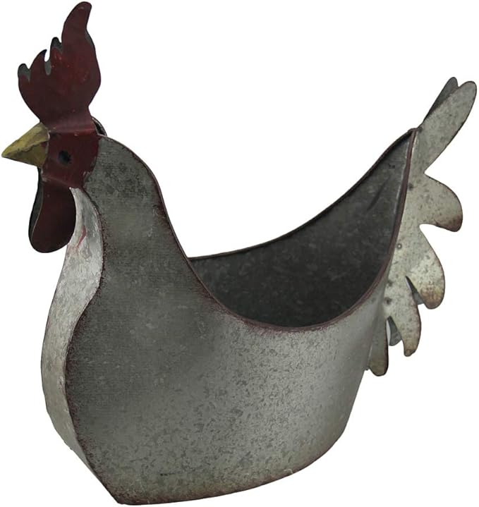 Zeckos Rustic Galvanized Grey Metal Rooster Planter - Farmhouse Inspired Indoor and Outdoor Country Garden Decor Accent Piece with Vintage Charm - 15 Inches Long