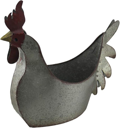Zeckos Rustic Galvanized Grey Metal Rooster Planter - Farmhouse Inspired Indoor and Outdoor Country Garden Decor Accent Piece with Vintage Charm - 15 Inches Long