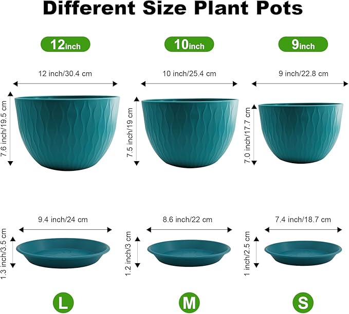 12/10/9 inch Plant Pots, 3 Pack Flower Pots for Outdoor Indoor Garden Plants, Large Planters with Multi Mesh Drainage Holes and Saucer (Black-Green, 12"+10"+9")