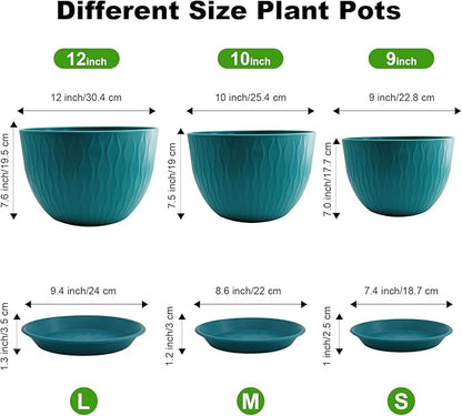 12/10/9 inch Plant Pots, 3 Pack Flower Pots for Outdoor Indoor Garden Plants, Large Planters with Multi Mesh Drainage Holes and Saucer (Black-Green, 12"+10"+9")