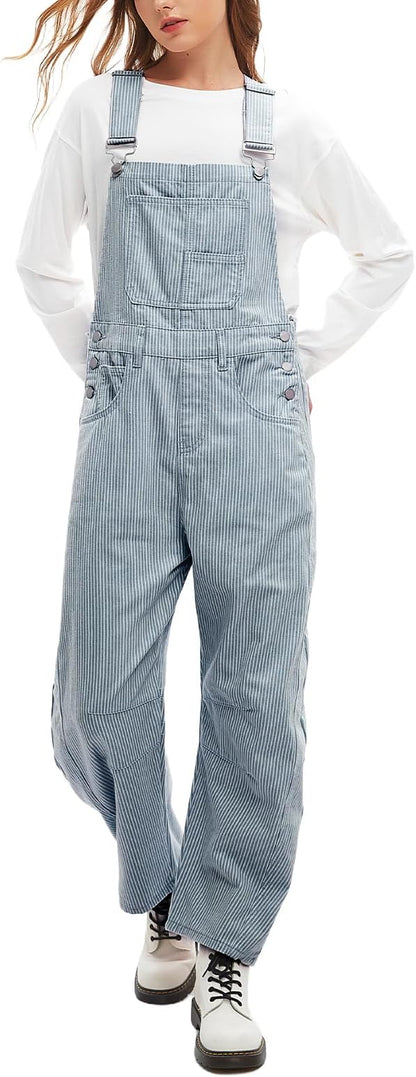 D-Sun Women's Striped Bib Overall Barrel Casual Tapered Overall Pants Wide Leg Adjustable Straps Stretch Jumpsuits