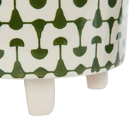 Creative Co-Op Footed Stoneware Planter with Abstract Print, Green and White