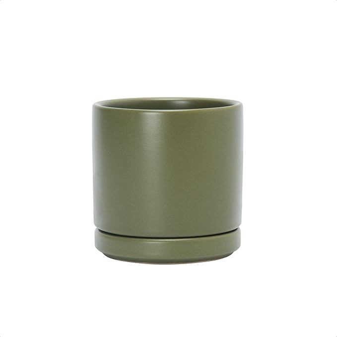 D'vine Dev 3.5 Inch Ceramic Planter Pot with Drainage Hole and Saucer, Indoor Cylinder Round Planter Pot, Olive, 94-O-A-J