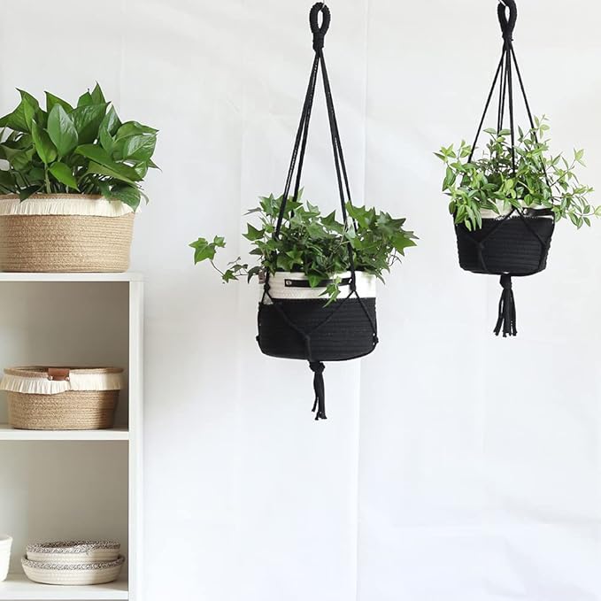 2Pack Hanging Flower Pots Plant Hangers,Wedding Party Birthday Gift Storage Baskets Home Garden Hanging Planter, Waterproof Lining Hydroponic Plant Pot-Black