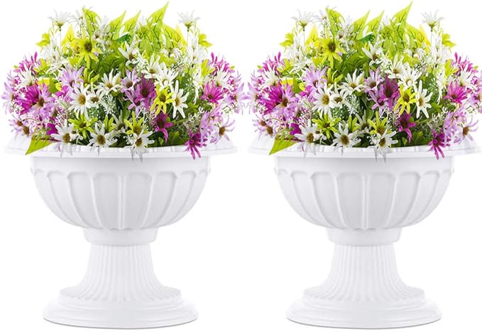NUPTIO 2 Pcs Classic Urn Planter, 10.23 inches Height Plastic Outdoor Urn, Pedestal Plastic Planter for Garden Front Porch Door, White