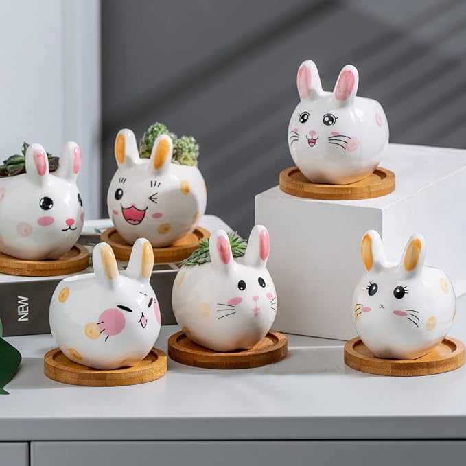 B SEPOR 3.6 inch Mini Pots for Small Succulant Plant Ceramic Animal Succulent Planter with Drainage and Bamboo Tray for Easter Bunny Rabbit Gift Lovers (Cute Bunnies)