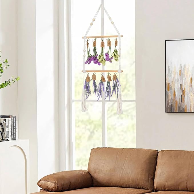 2-Tier Hanging Herb Drying Rack – Includes 30 Brown Gift Tags & 32ft Natural Jute Twine – Handwoven Boho Style Plant Hanger for Drying Herbs, Flowers, Sage – 37" Tall, Home Décor & Gift Idea