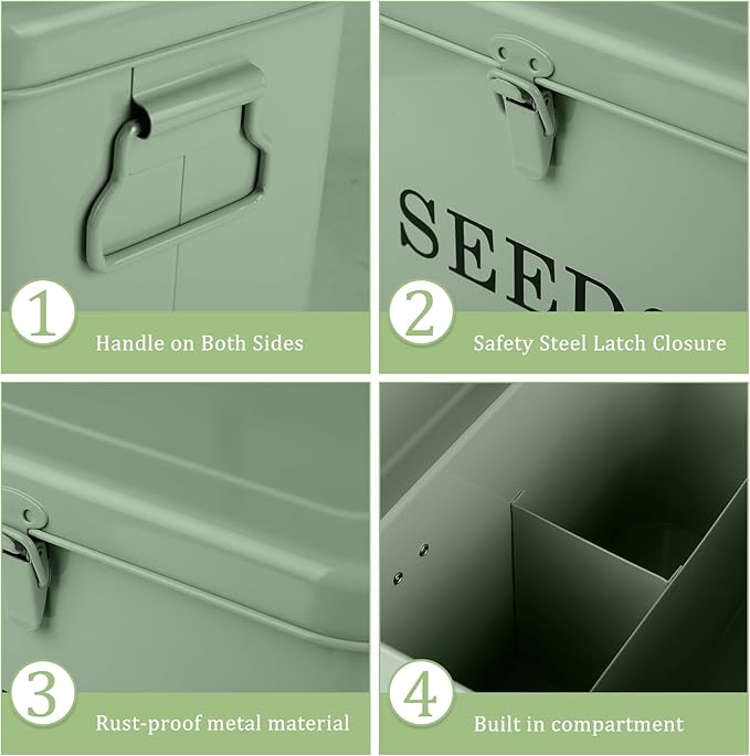 3 Dividers Seed Storage Box, Metal Seed Box Seed Storage Organizer with Safety Lock, Portable Garden Seed Bin, Professional All-in-one Kit, Green