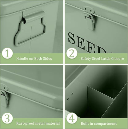 3 Dividers Seed Storage Box, Metal Seed Box Seed Storage Organizer with Safety Lock, Portable Garden Seed Bin, Professional All-in-one Kit, Green