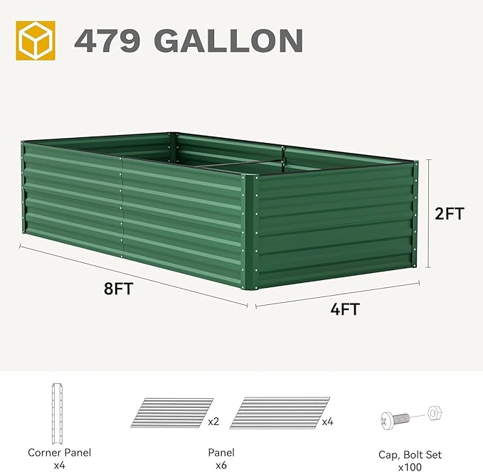 DWVO 8 x 4 x 2 FT Raised Garden Bed Kit, Outdoor Galvanized Flower Bed with Safety Rubber and Gloves, Large Metal Planter Box for Vegetables, Flowers, Herbs, Fruits, Green