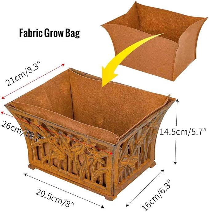 Sungmor Heavy Duty Cast Iron Planter Basket w/Non-Woven Growing Bag, Unique Shape & Beautiful Pattern Design, Hollow Orchid Flower Pot Garden Tools Holder, Full Rusted French Country Decor Container