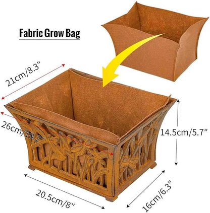Sungmor Heavy Duty Cast Iron Planter Basket w/Non-Woven Growing Bag, Unique Shape & Beautiful Pattern Design, Hollow Orchid Flower Pot Garden Tools Holder, Full Rusted French Country Decor Container