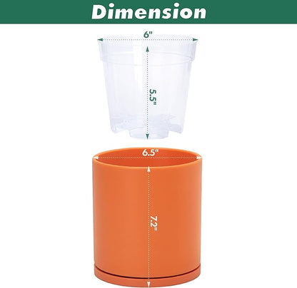 D'vine Dev Double-Layer Planter Set – Rotating Plastic Cachepot with Clear Inner Liner for Root Health, Perfect for Indoor Plants, 6.5", Pumpkin, 73-U-E-2