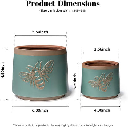 YBX Terracotta Pots with Drainage Holes, Bee Decor, Planter for Indoor Plants, Flower Pots Indoor Succulent, Herbs, Snake Plants (Turquoise, 6+4 Inch)