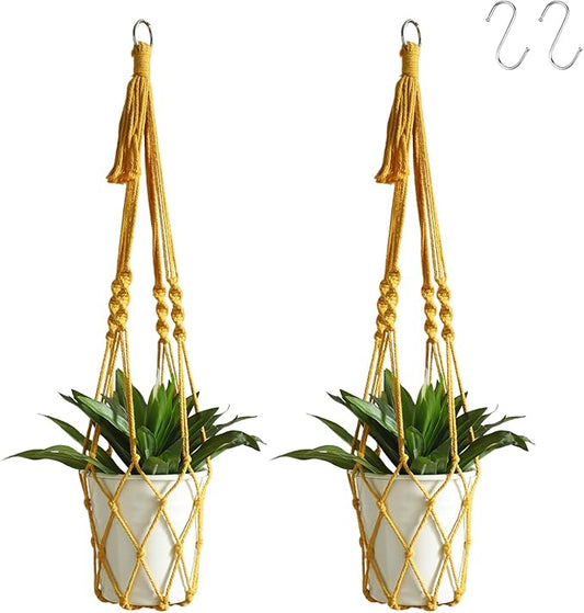 Artilady Boho Macrame Plant Hangers - Handmade Hemp Rope Hanging Baskets for Plants with Ceiling Hooks, Bohemian Home Decor Wall Art (Ginger-Yellow-2pcs)