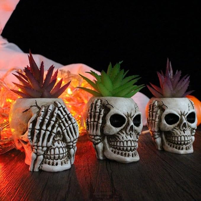 YYW Skull Planter Pot Set of 3 Succulents Pot Halloween Skeleton Sculpture Decor Resin Flowerpot for Home Office Desk Decorations