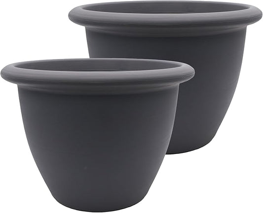 The HC Companies Sevilla Flower Planters - Outdoor & Indoor Planter - Round Self Watering Plant Pots for Herbs & More (14”, Warm Gray, Pack of 2)